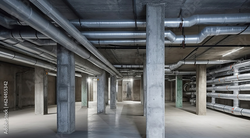 Empty basement of modern building with concrete columns with plumbing system. Generative AI