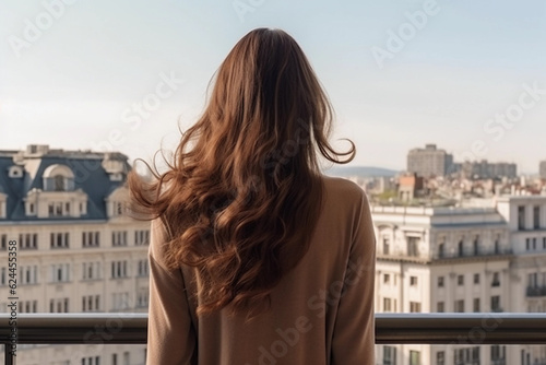 Woman admiring city panorama from balcony, symbol of solitude. Generative Ai.