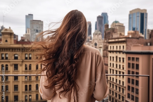 Woman from terrace observes city panorama, symbol of reflection. Generative Ai.