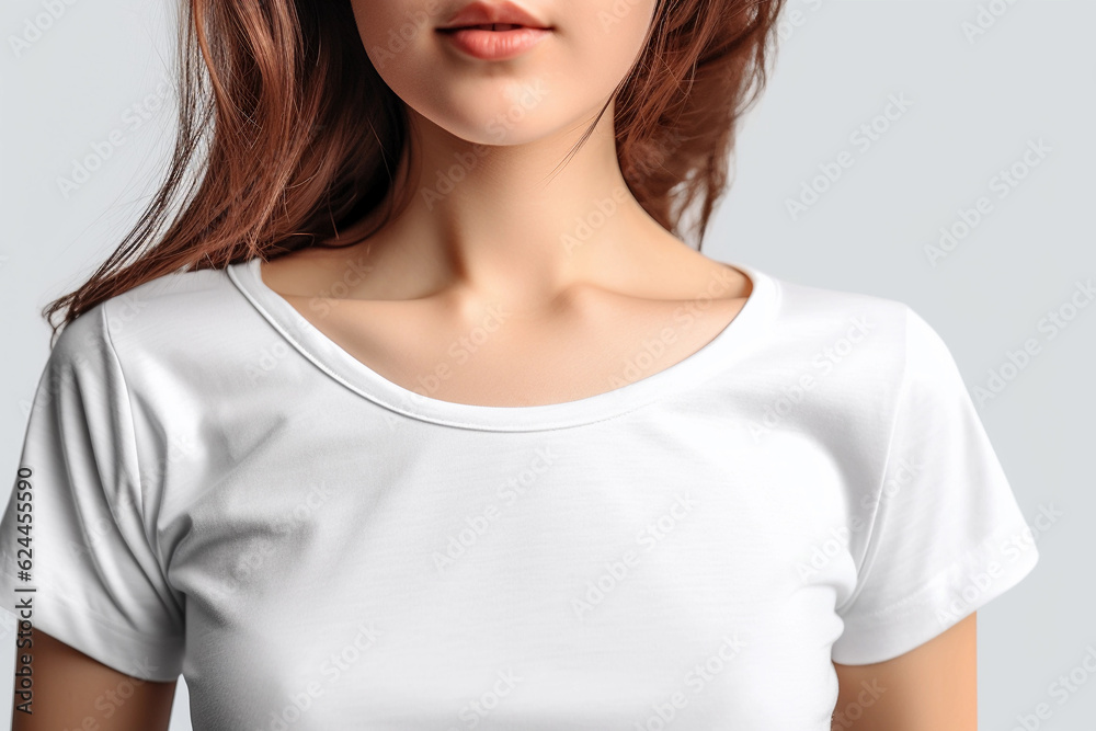Branding blank, close-up t-shirt on girl, showcased in neutral scene Generative Ai. Branding blank, close-up t-shirt on girl, showcased in neutral scene Generative Ai.