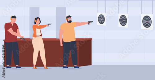 People in different poses shoot firearms. Shooting range training with different types of weapons. Vector illustration