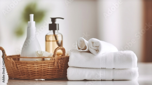 Liquid soap bottle, white towel on basket in bathroom. Close up, Generative AI