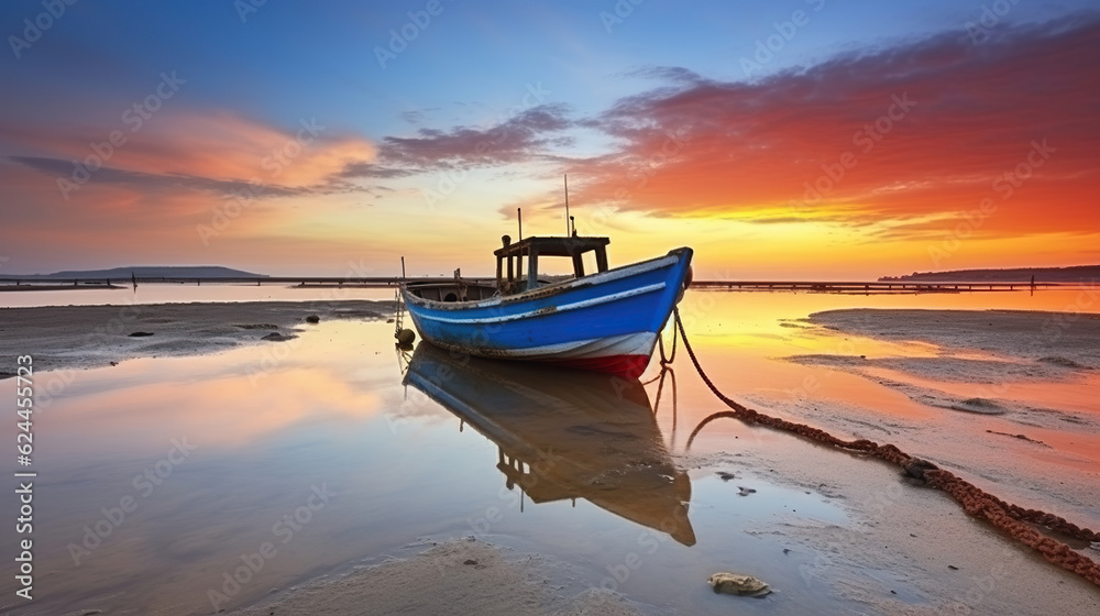 A Mesmerizing Sunset Casts its Radiance on a Fishing Boat during Low Tide. Generative AI