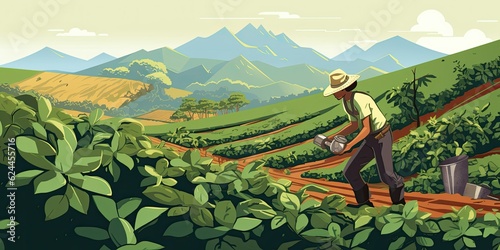 Coffee Plantation Field Production Concept: A Delightful Cartoon Design Coffee Farmers Generative AI Digital Illustration