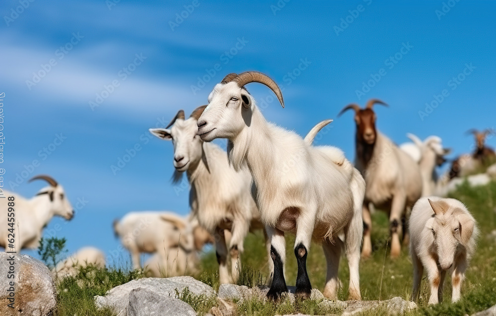Herd of domestic mountain goats grazing on green grassy rocky hill in countryside with blue sky. Generative AI Herd of domestic mountain goats grazing on green grassy rocky hill in countryside with blue sky. Generative AI