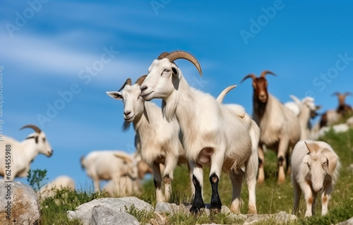 Herd of domestic mountain goats grazing on green grassy rocky hill in countryside with blue sky. Generative AI