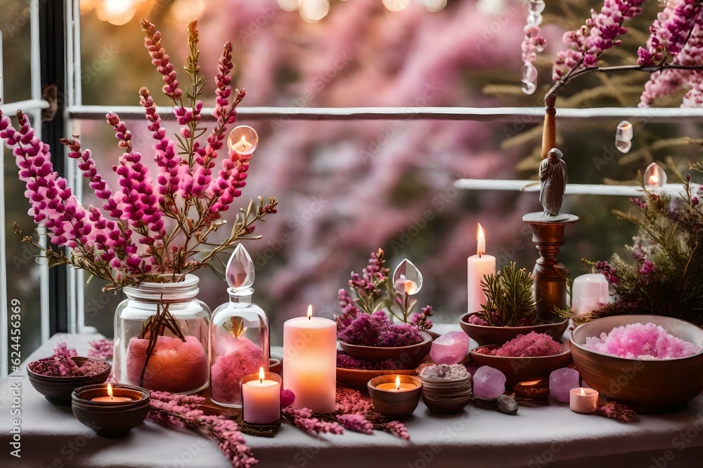 candles and flowers with pinky background AI GENERATED