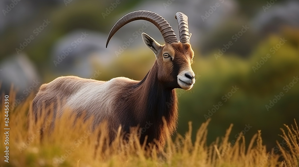 Wild Mountain Goat with Long Horns Standing Gracefully on the Lush Green Grass. Generative AI