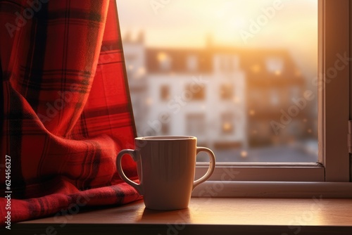 Cup of hot tea on window, red plaid and curtain , rain outside. AI Generated photo