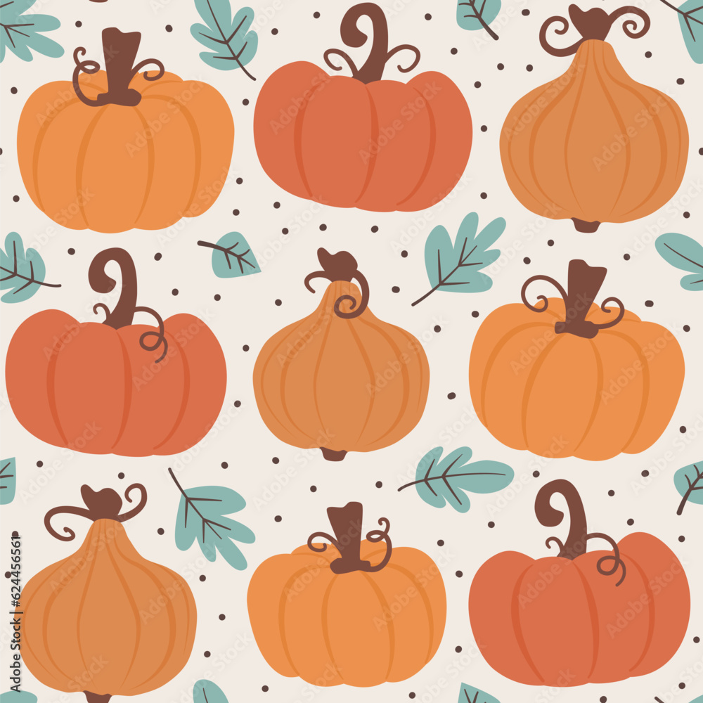 Cute hand drawn autumn fall season seamless vector pattern background illustration with pumpkins and leaves Cute hand drawn autumn fall season seamless vector pattern background illustration with pumpkins and leaves