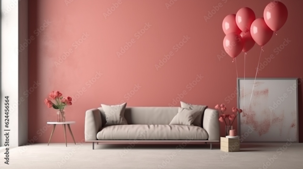 Mockup frame in the valentine's room with have sofa and home decor for valentine's day. Generative AI.