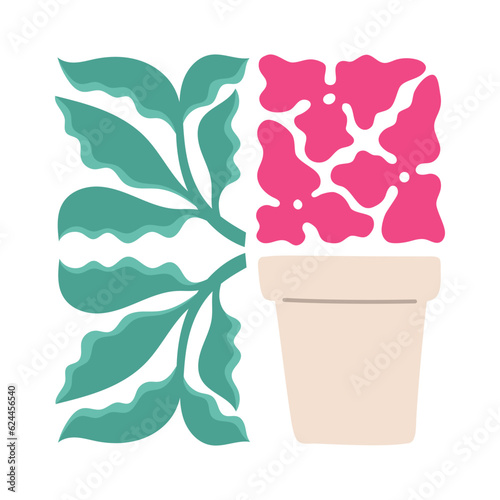 Modern bright trendy vector wall art, print with pink wavy flowers, leaves for poster, card, stamp. Organic doodle shapes in trendy naive retro style