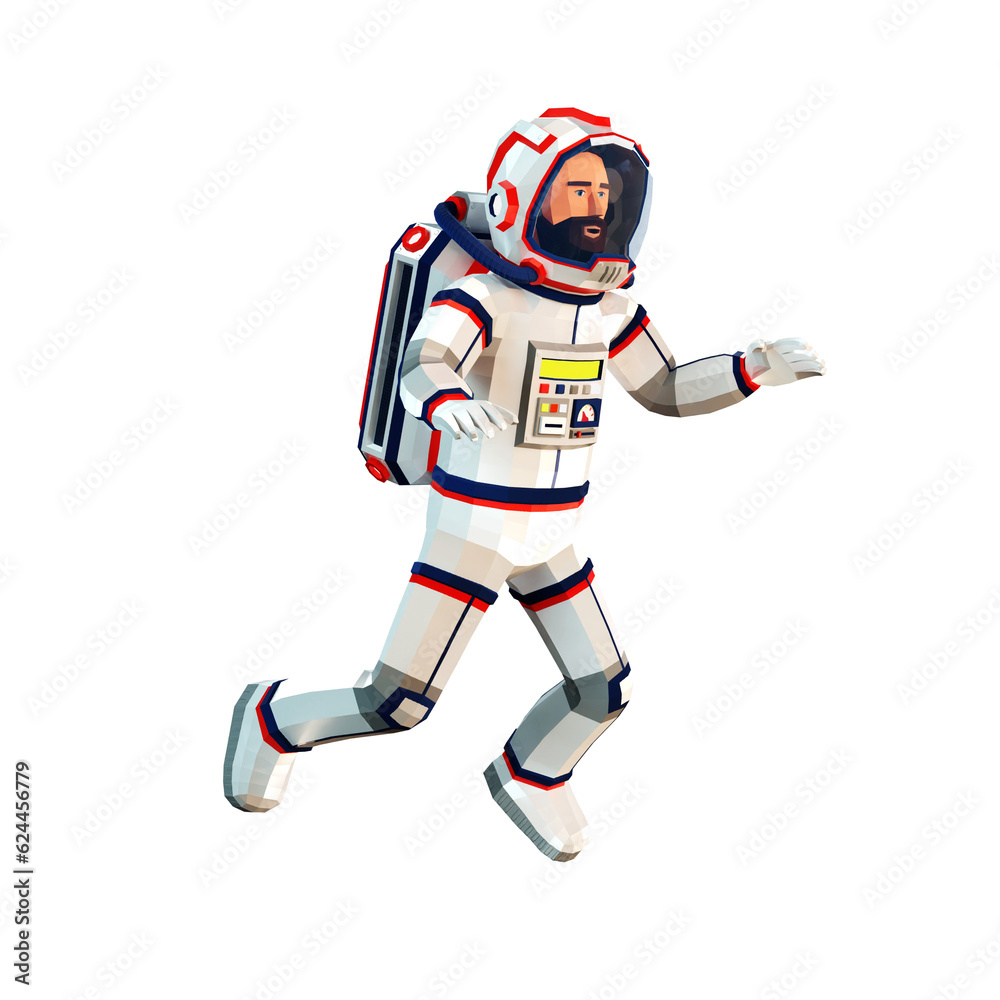 3D astronaut in a spacesuit floating in open space. Cartoonish spaceman in low-poly style. 3D astronaut in a spacesuit floating in open space. Cartoonish spaceman in low-poly style.