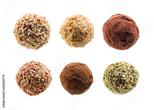 Assorted chocolate pralines isolated on transparent background. PNG image.