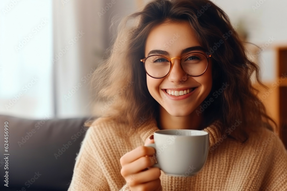 Joyful woman laughing with spectacles and sweater. Generative AI Joyful woman laughing with spectacles and sweater. Generative AI