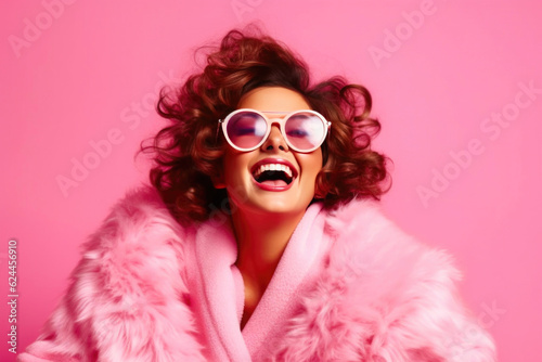 Sunglasses-clad woman laughs heartily in her cozy abode. Generative AI