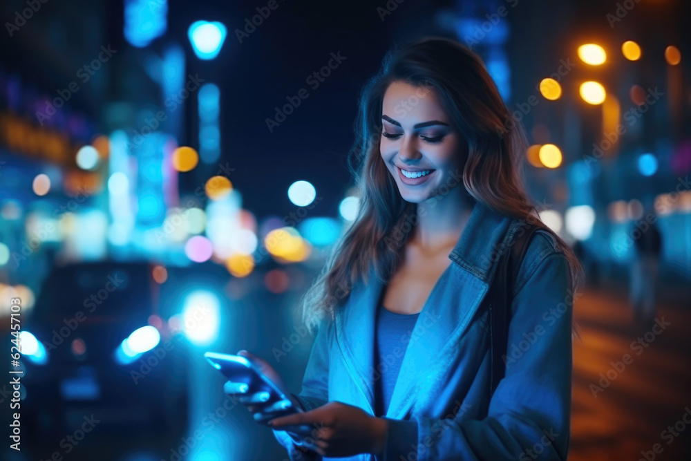 Gorgeous Smiling Lady Engrossed in Smartphone, Strolling through Night Lights. Generative AI