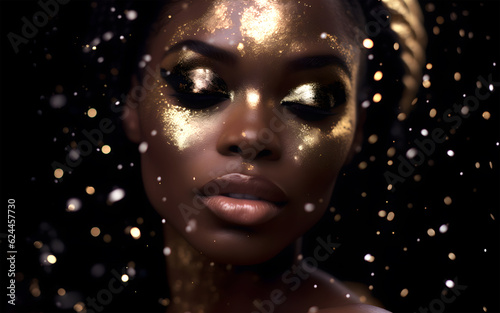 Fashion editorial Concept. Stunning beautiful woman girl high fashion striking gold glitter shimmer. illuminated with dynamic composition and dramatic lighting

