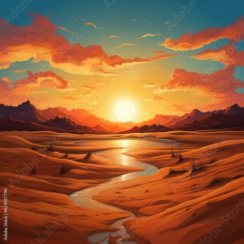 The desert sand dunes are shining under the sun. (Generative AI)