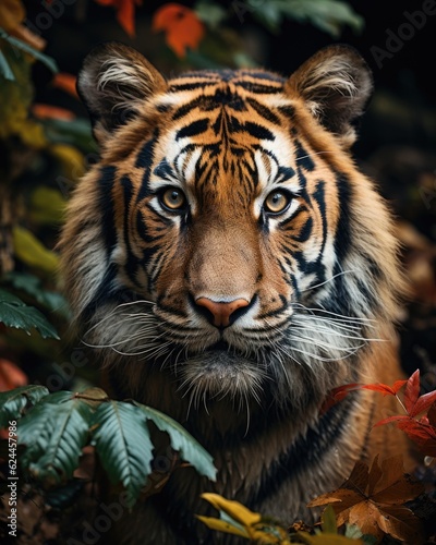 A tiger in a forest with trees  close up.  Generative AI 
