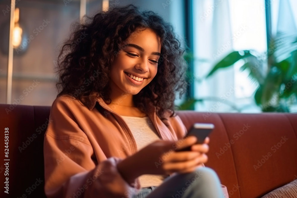 Cheery Latin girl indulging in mobile app experiences. Generative AI Cheery Latin girl indulging in mobile app experiences. Generative AI
