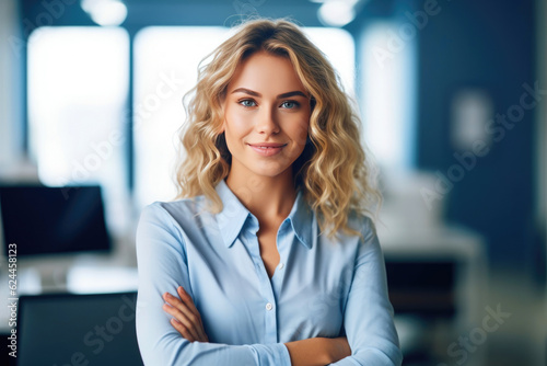 Cheerful Young Woman Poses in Office with Copy Space. Generative AI