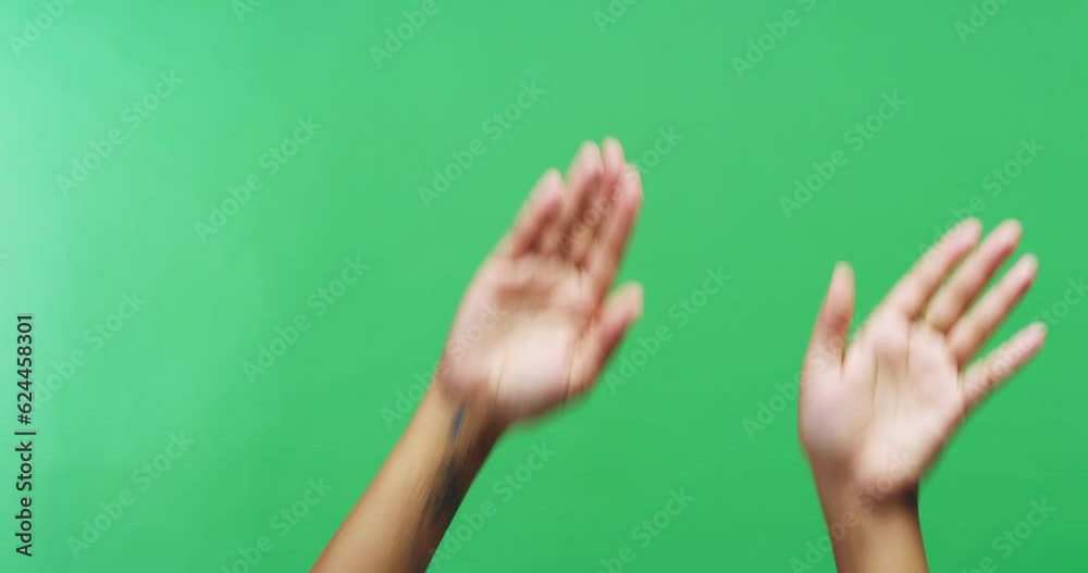Happy hands on green screen, dancing and celebration with positive attitude or opinion. Hand in air, celebrate happiness and success, winner celebrating achievement or goals with palms up in dance.