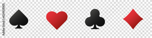 Hearts, clubs, diamonds and spades on an isolated transparent background. Set collection gambling sign symbol of playing card suits and chips for poker and casino.
