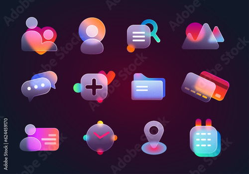 Realistic set of glassmorphism ui icons for website or mobile app. Vector illustartion of location, chat, gallery, contact, calendar, credit card and clock glass morphism transparent design elements.