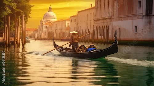 Leinwand Poster Venetian gondolier punting gondola through green canal waters of Venice Italy, G