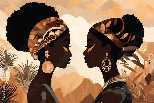 Abstract poster, Wall art design with beautiful black women, cartoon, poster, paint, Luxury Gorgeous African ladies with exotic hairstyles and traditional clothe, created with Generative AI
