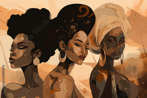 Abstract poster, Wall art design with beautiful black women, cartoon, poster, paint, Luxury Gorgeous African ladies with exotic hairstyles and traditional clothe, created with Generative AI