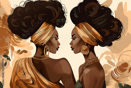 Abstract poster, Wall art design with beautiful black women, cartoon, poster, paint, Luxury Gorgeous African ladies with exotic hairstyles and traditional clothe, created with Generative AI