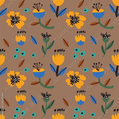 Seamless pattern with bold abstract flowers, hand drawn blossoms and leaves perfect for textiles, wallpaper, pattern fills, web page background, surface textures. Modern bold  floral background