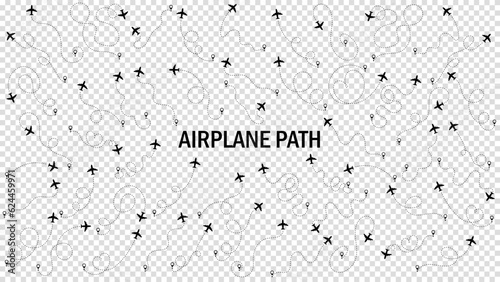 Airplane or aeroplane routes path set. Travel concept from start point and dotted line tracing. Aircraft tracking, plane path, travel, map pins, location pins. Vector illustration. Transparent bg.