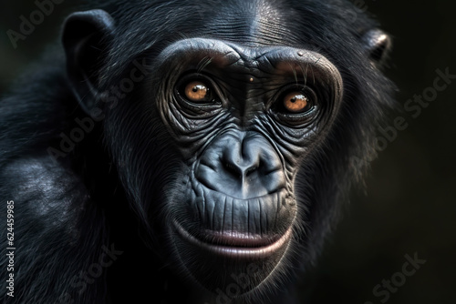 Portrait of a chimpanzee on a black background. Amazing Wildlife. Generative Ai