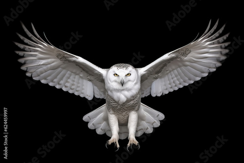 Snowy owl flying with wings spread on black background. Amazing American Wildlife. Generative Ai