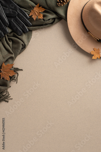 Stylish autumn ensemble concept. Vertical top view of brimmed hat, leather gloves, elegant grey scarf, maple leaves, pine cone creatively displayed on beige backdrop, providing area for text or promo