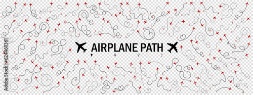Airplane or aeroplane routes path big set. Travel concept from start point and dotted line tracing. Aircraft tracking, flight plane path, travel, map pins, location. Vector illustration.