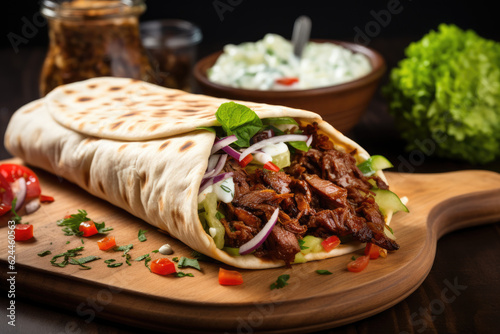 Shawarma sandwich gyro fresh roll of lavash pita bread chicken beef shawarma falafel RecipeTin Eatsfilled with grilled meat, mushrooms, cheese. Traditional Middle Eastern snack