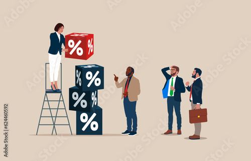 Woman and business people connect red and white cube with percentage symbol. Interest, financial and mortgage rates. Flat vector illustration