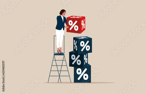 Woman connect red and white cube with percentage symbol. Interest, financial and mortgage rates. Flat vector illustration