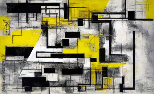 Informalism style abstract art background with a rough black, white and yellow rectangular blocks pattern