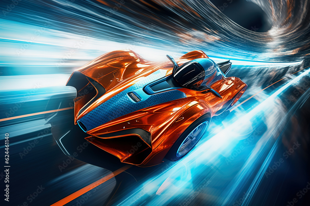 Speeding Sports Car On Neon Highway. Powerful acceleration of a supercar on a night track with colorful lights and trails. Speeding Sports Car On Neon Highway. Powerful acceleration of a supercar on a night track with colorful lights and trails.