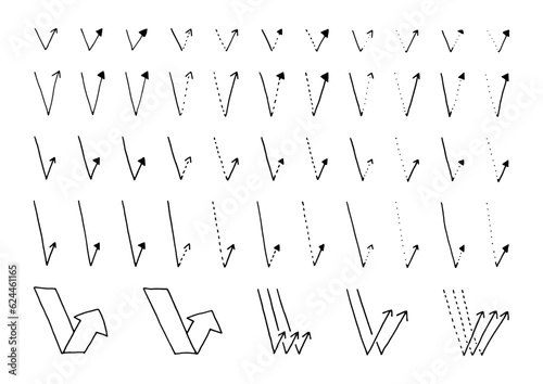 ペンで描いた手描きの反射する矢印素材のセット
