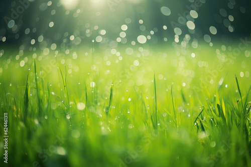 Summer rain on a green meadow in sunlight