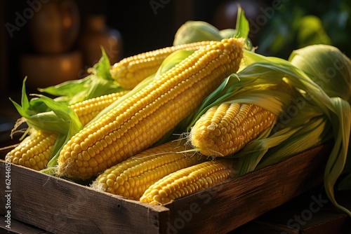 Organic corn cobs in a wooden box. Generative AI