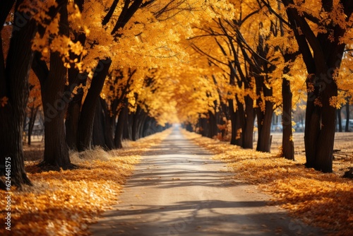 Yellow autumn trees on the alley in the park. Generative AI