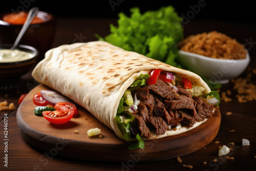 Shawarma sandwich gyro fresh roll of lavash pita bread chicken beef shawarma falafel RecipeTin Eatsfilled with grilled meat, mushrooms, cheese. Traditional Middle Eastern snack photo