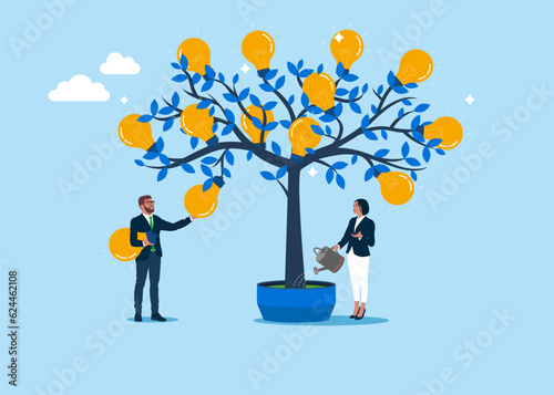 Business people finish watering growing and picking light bulb from money tree. Investment growth and idea. Vector illustration